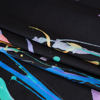 Silk Charmeuse Print - Black and Rainbow Paint Streaks and Splatters - Made in Italy