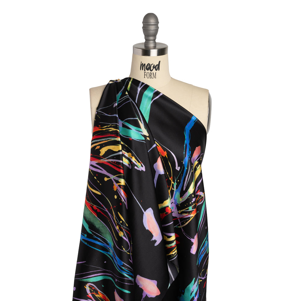 Silk Charmeuse Print - Black and Rainbow Paint Streaks and Splatters - Made in Italy - Drape