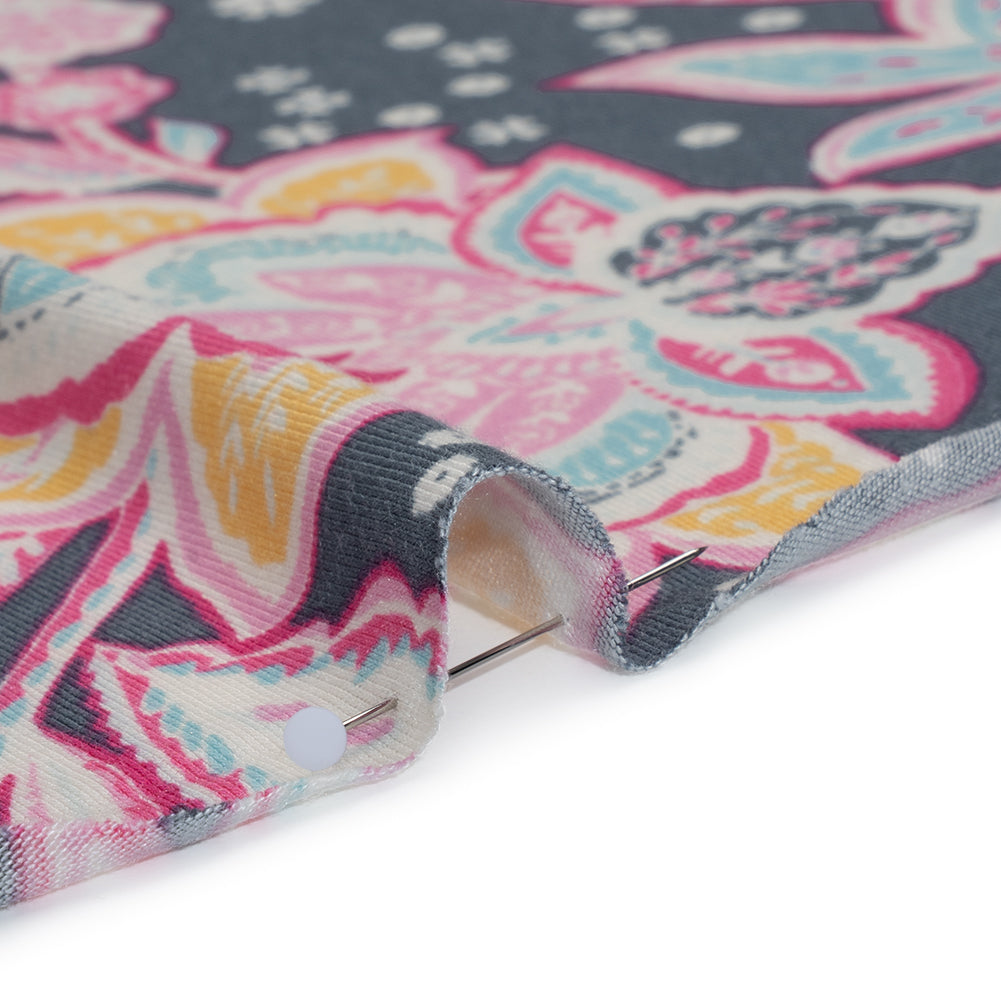 Stretch Rayon Jersey - Blue Gray, Pink and Yellow Floral - Deadstock - Detail