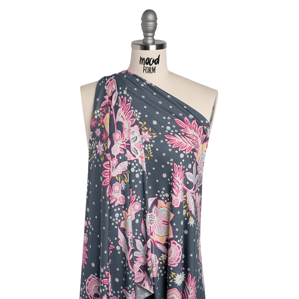 Stretch Rayon Jersey - Blue Gray, Pink and Yellow Floral - Deadstock - Drape