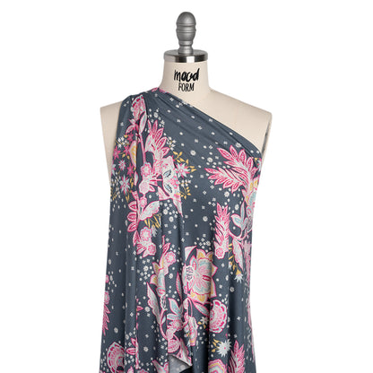 Stretch Rayon Jersey - Blue Gray, Pink and Yellow Floral - Deadstock