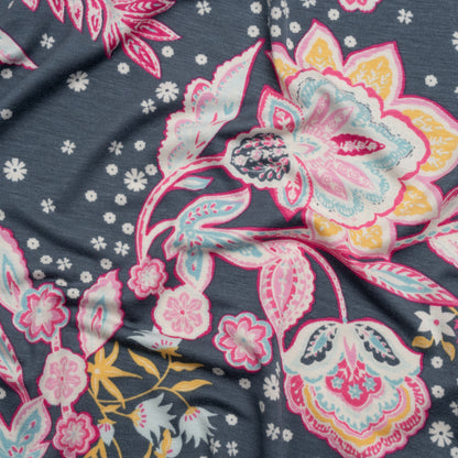 Stretch Rayon Jersey - Blue Gray, Pink and Yellow Floral - Deadstock