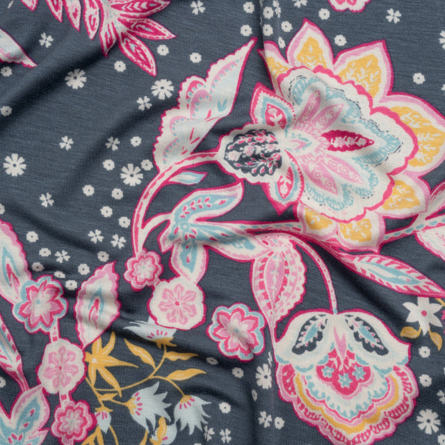 Stretch Rayon Jersey - Blue Gray, Pink and Yellow Floral - Deadstock