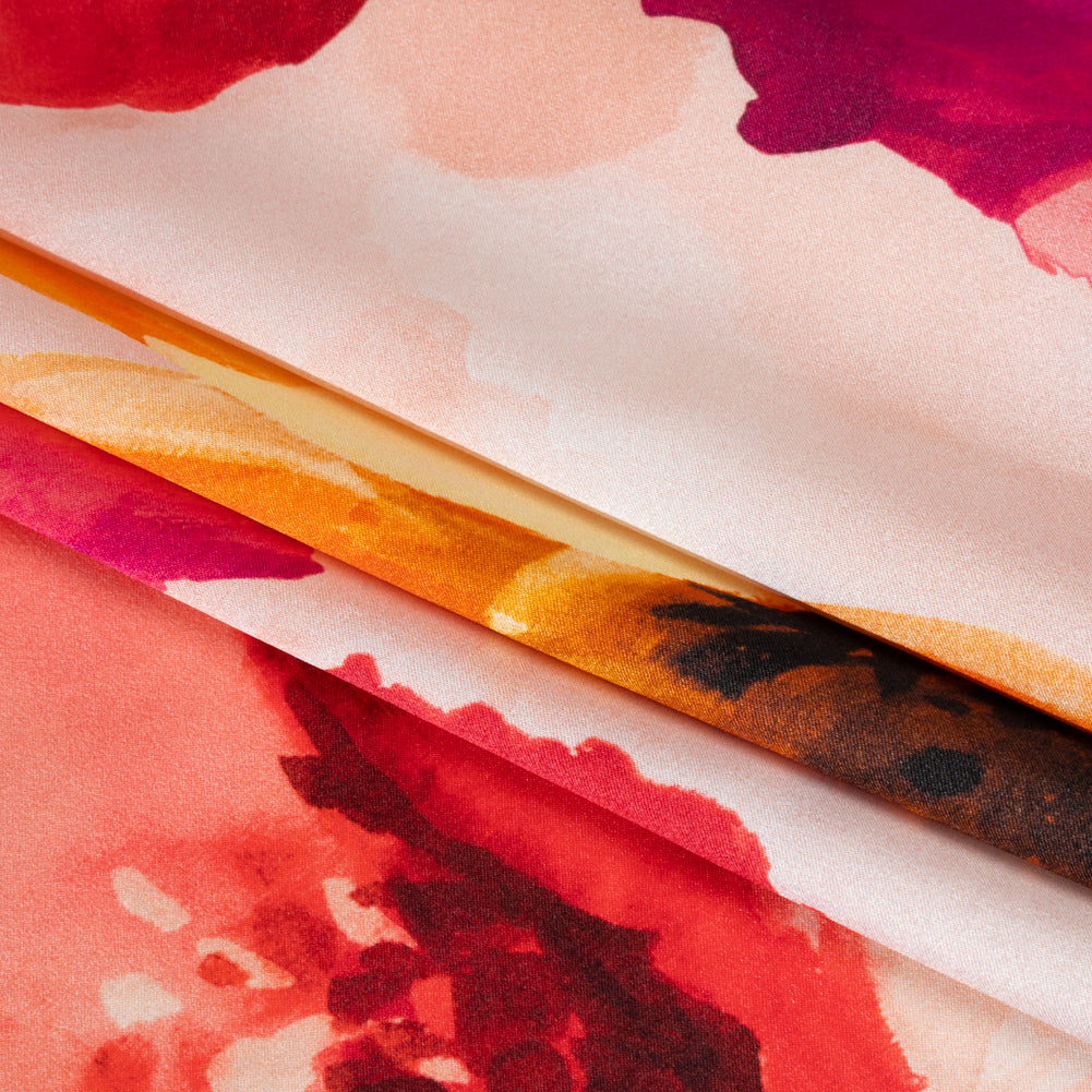 Silk Charmeuse Print 16MM, Made in Italy - Red, Pink and Fuchsia Purple Painterly Flowers - Folded