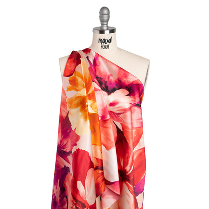 Silk Charmeuse Print 16MM, Made in Italy - Red, Pink and Fuchsia Purple Painterly Flowers