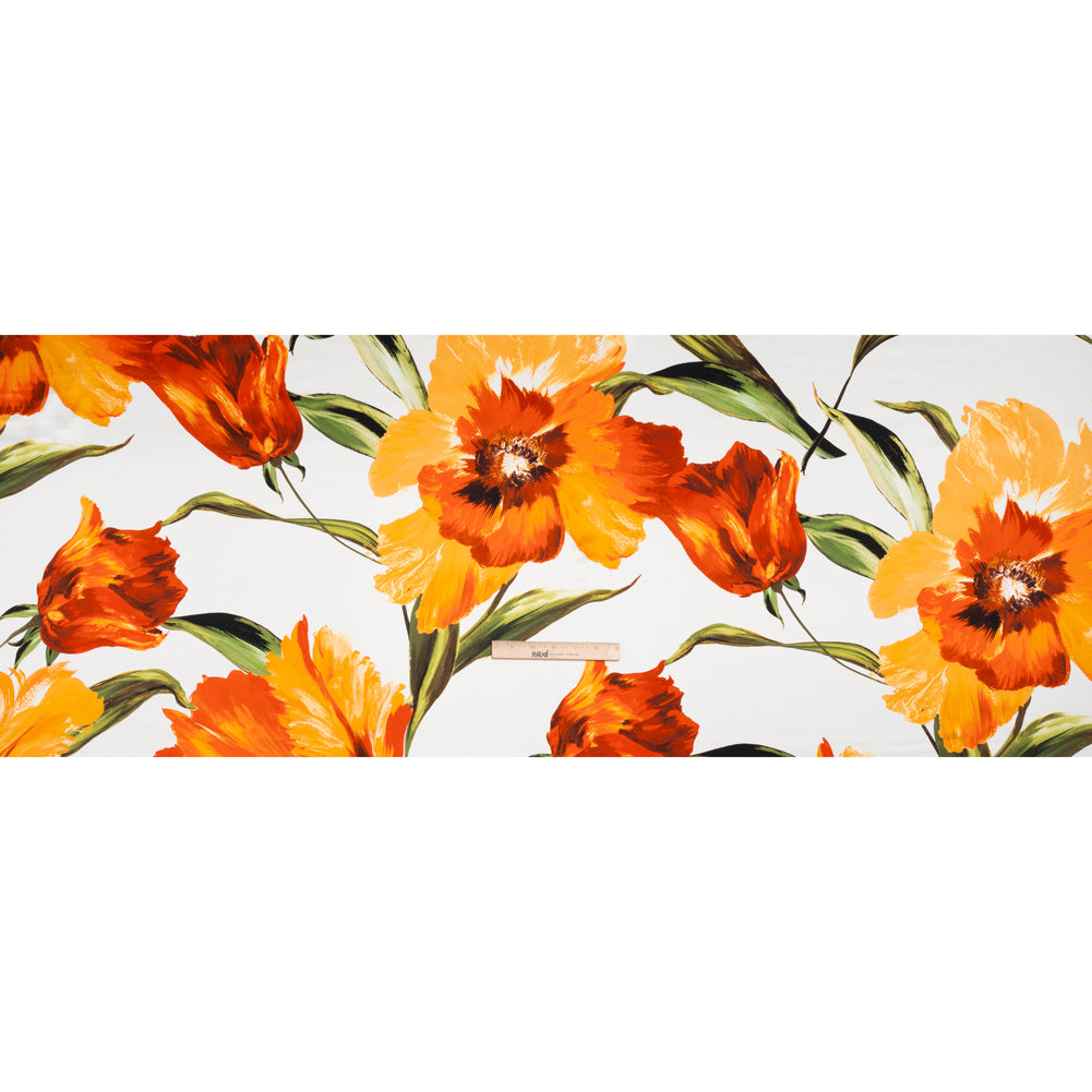 Silk Charmeuse Print 16MM, Made in Italy - Golden Orange, Green and White Painted Tulip Garden - Full