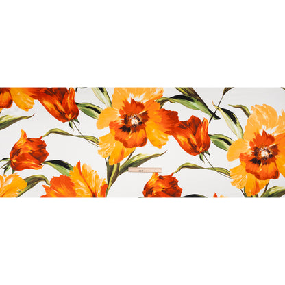 Silk Charmeuse Print 16MM, Made in Italy - Golden Orange, Green and White Painted Tulip Garden