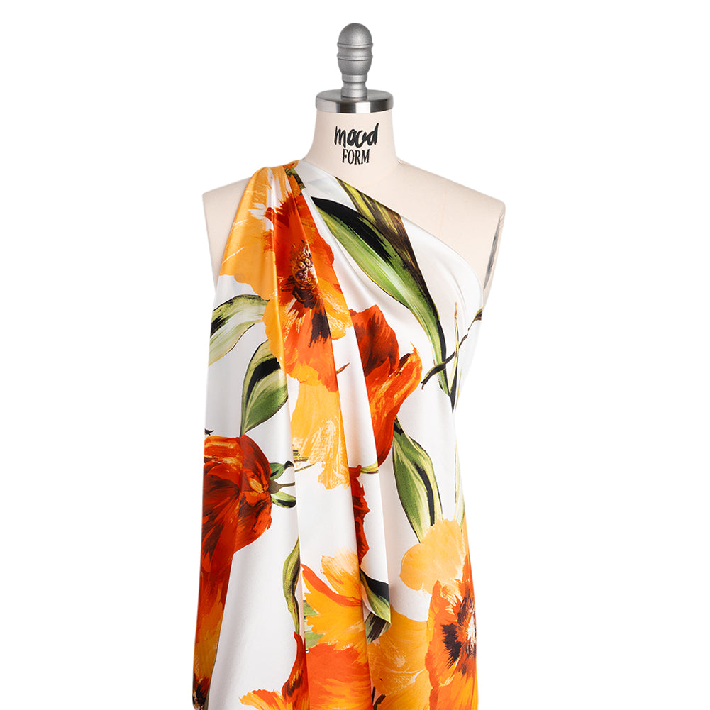 Silk Charmeuse Print 16MM, Made in Italy - Golden Orange, Green and White Painted Tulip Garden - Drape