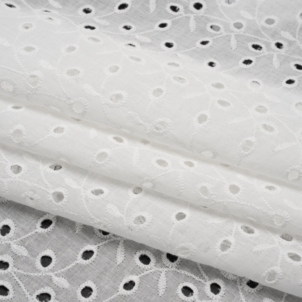 Embroidered Eyelet Cotton Voile - White Leafy Vines - Naomi Collection - Folded