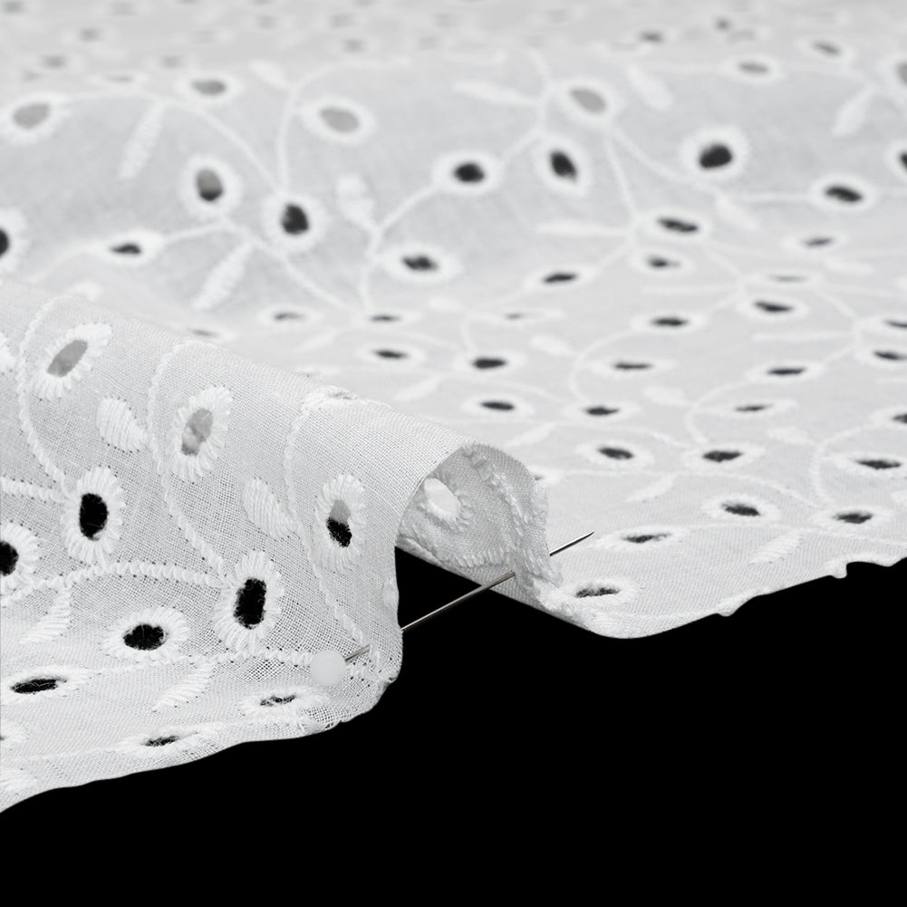 Embroidered Eyelet Cotton Voile - White Leafy Vines - Naomi Collection - Detail