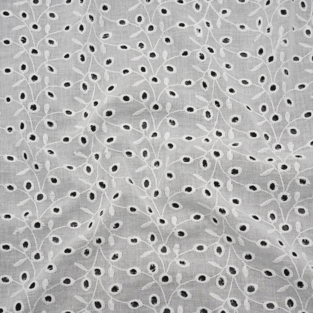 Embroidered Eyelet Cotton Voile - White Leafy Vines - Naomi Collection