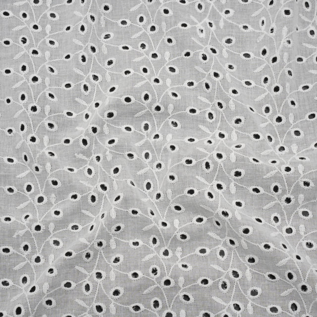 Embroidered Eyelet Cotton Voile - White Leafy Vines - Naomi Collection