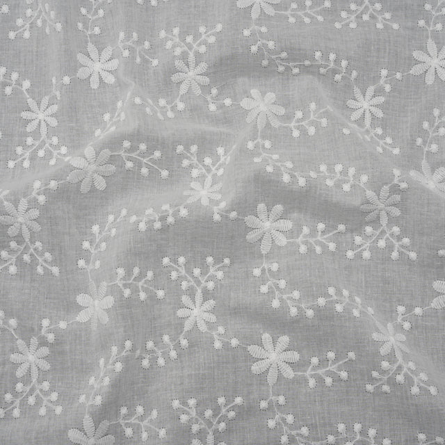 Embroidered Eyelet Cotton Voile - White Flowers on Branches - Naomi Collection