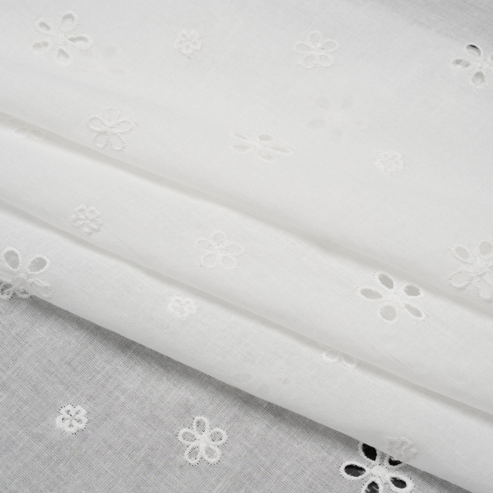 Embroidered Eyelet Cotton Voile - White Floating Flowers - Naomi Collection - Folded