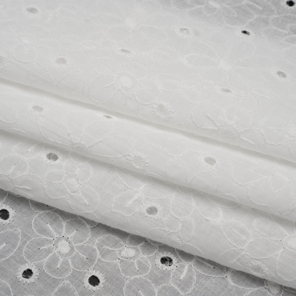 Embroidered Eyelet Cotton Voile - White Field of Flowers - Naomi Collection - Folded