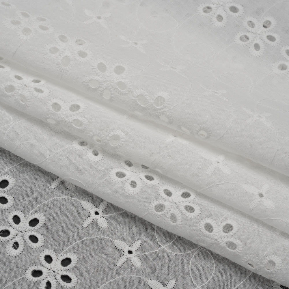Embroidered Eyelet Cotton Voile - White Rows of Flowers - Naomi Collection - Folded