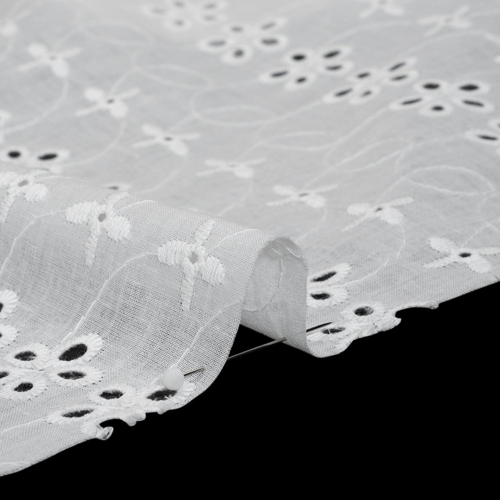 Embroidered Eyelet Cotton Voile - White Rows of Flowers - Naomi Collection - Detail