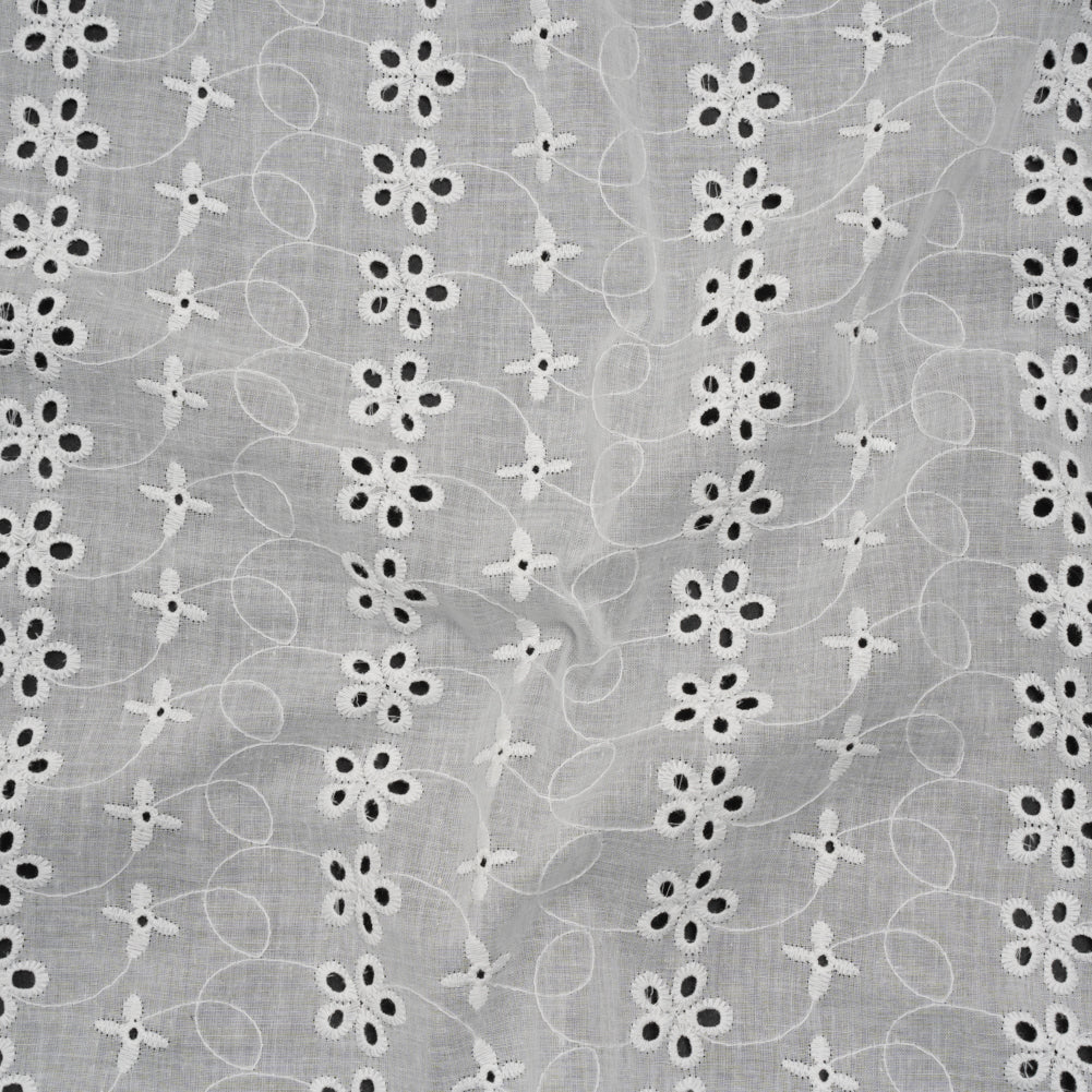 Embroidered Eyelet Cotton Voile - White Rows of Flowers - Naomi Collection