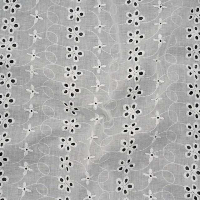Embroidered Eyelet Cotton Voile - White Rows of Flowers - Naomi Collection
