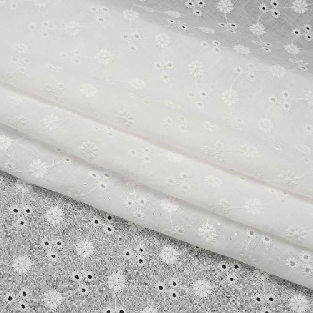 Embroidered Eyelet Cotton Voile - White Little Flowers on Vines - Naomi Collection - Folded