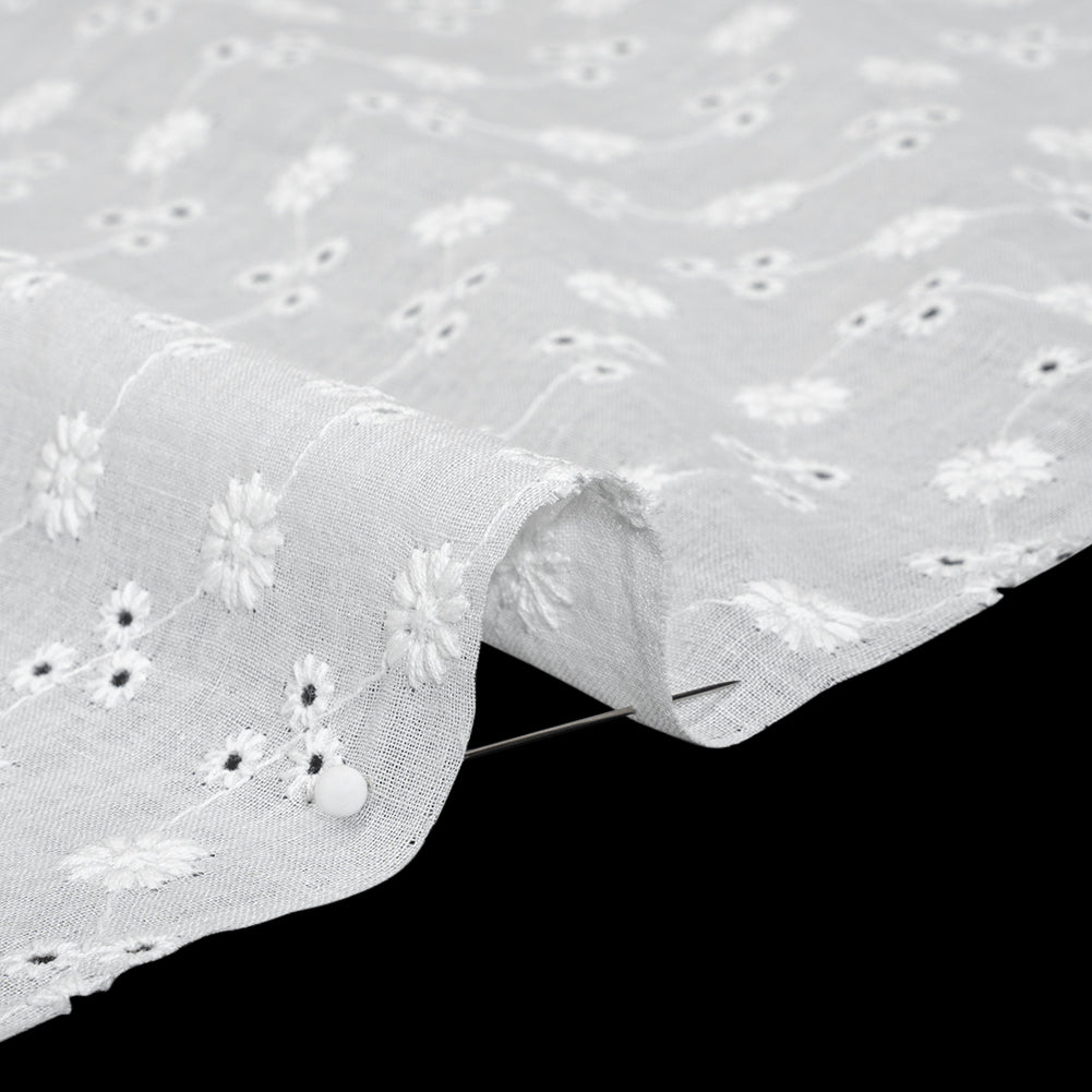 Embroidered Eyelet Cotton Voile - White Little Flowers on Vines - Naomi Collection - Detail