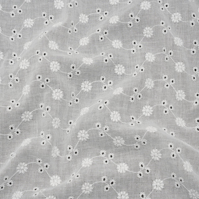 Embroidered Eyelet Cotton Voile - White Little Flowers on Vines - Naomi Collection