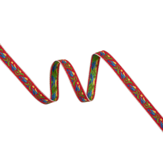 Cotton Jacquard Ribbon - 0.375" - Red, Blue and Yellow Tulip Vine