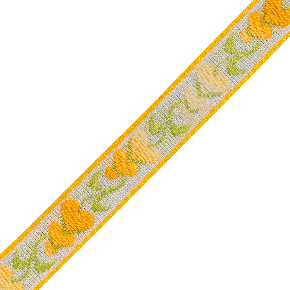 Cotton Jacquard Ribbon - 0.5" - Yellow, White and Green Heart Flowers - Folded