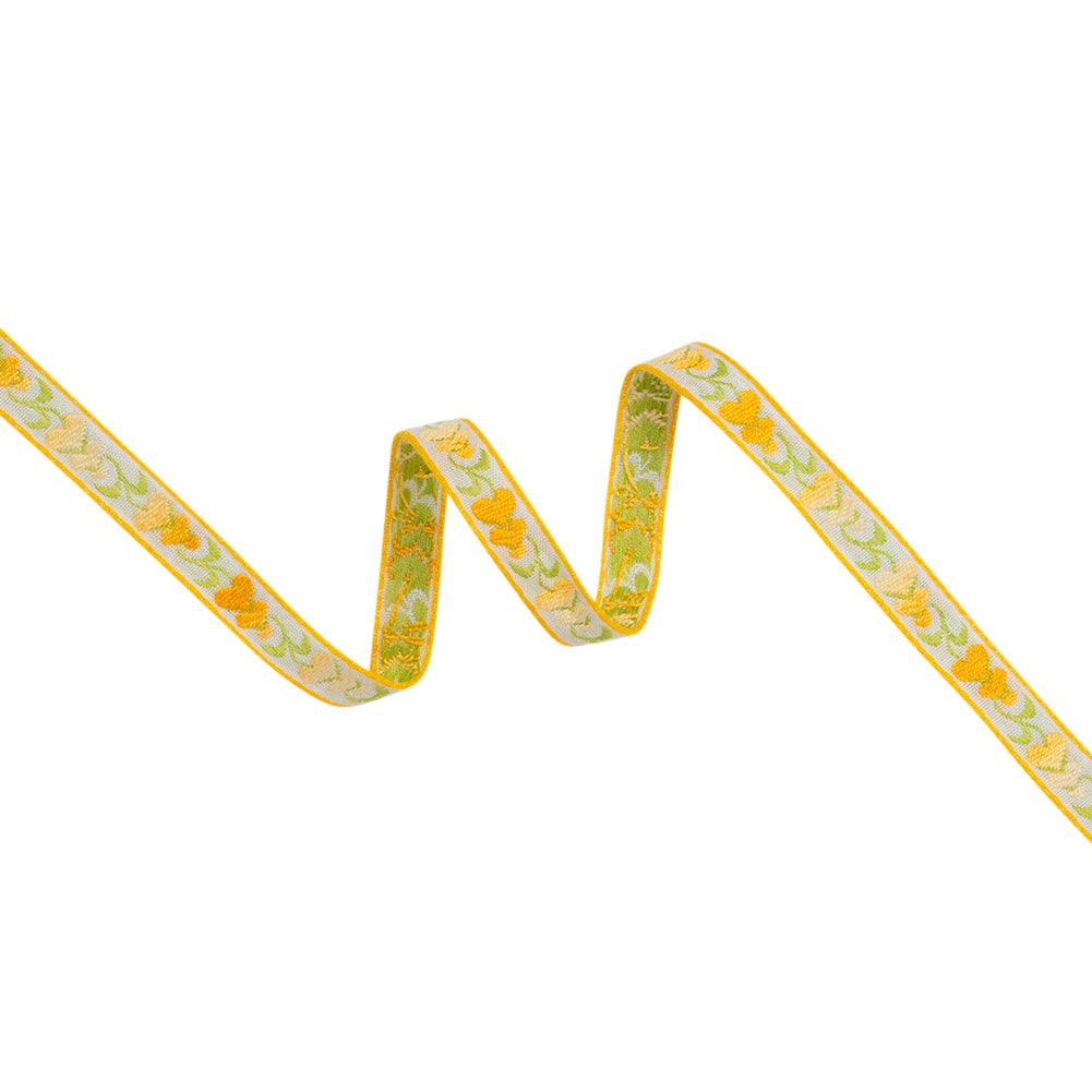Cotton Jacquard Ribbon - 0.5" - Yellow, White and Green Heart Flowers