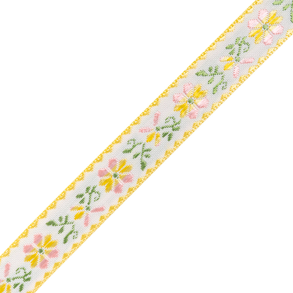 Jacquard Ribbon - 0.625" - Yellow, Pink and Green Striped Flowers - Folded