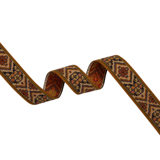 Jacquard Ribbon - 1.125" - Brown, Orange and Blue Rustic Geometrics