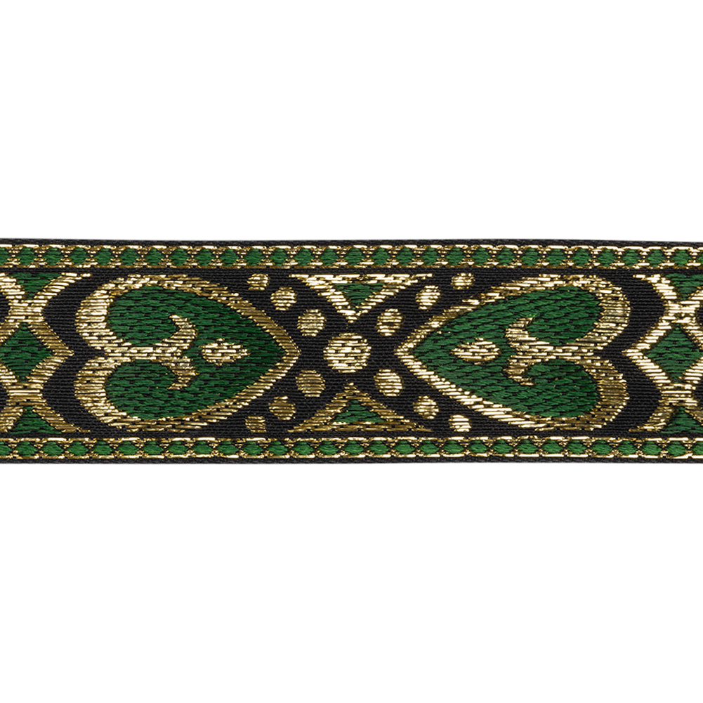 Metallic Jacquard Ribbon - 1.375" - Green, Black and Gold Fanciful Hearts - Folded