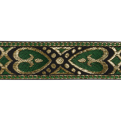 Metallic Jacquard Ribbon - 1.375" - Green, Black and Gold Fanciful Hearts