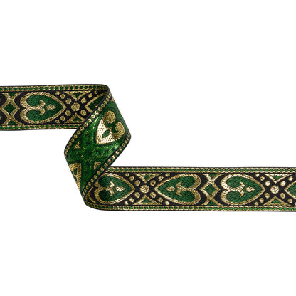 Metallic Jacquard Ribbon - 1.375" - Green, Black and Gold Fanciful Hearts
