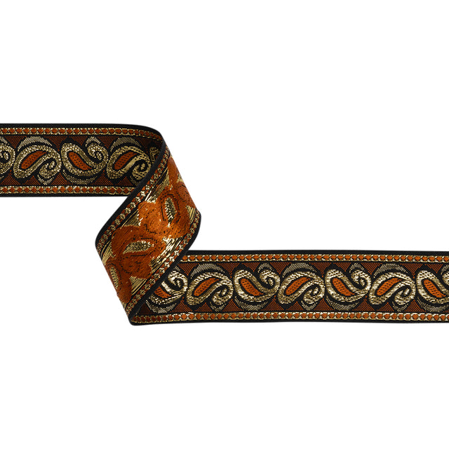 Metallic Jacquard Ribbon - 40mm - Burnt Orange, Black and Gold Dancing Paisleys