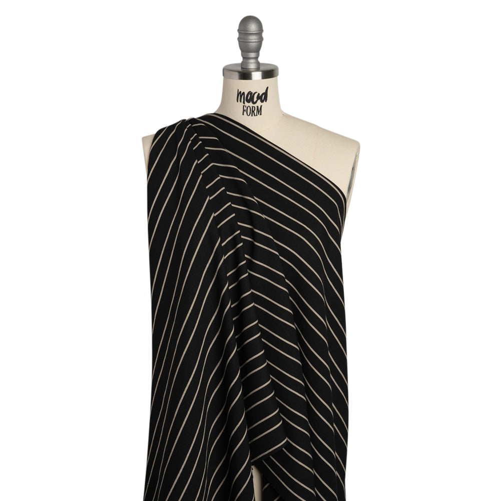 Viscose and Nylon Woven - Black and Beige Stripes - Designer Deadstock Made in Italy - Drape