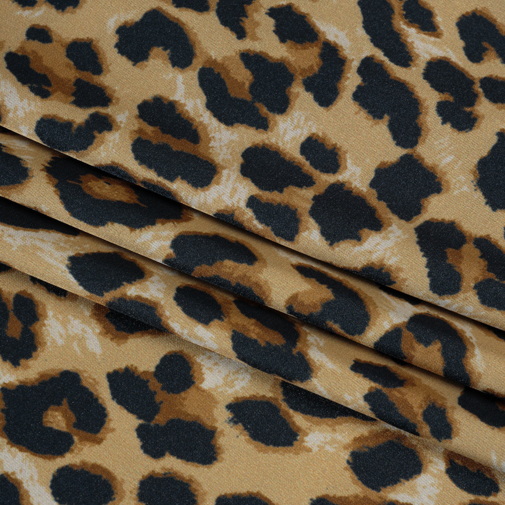 Soft Stretch Polyester Satin Print - Beige, Brown and Black Leopard Spots - Deadstock - Folded