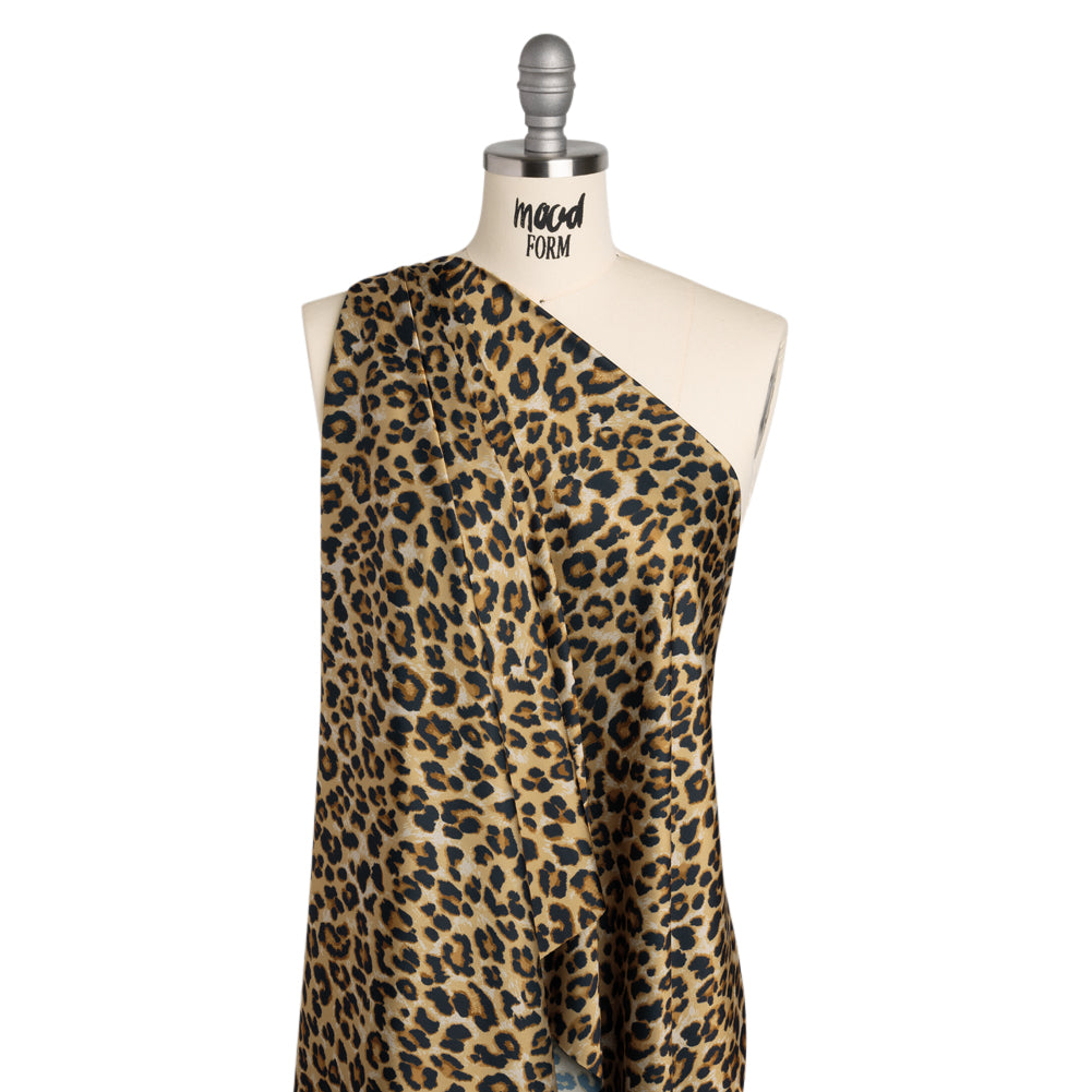 Soft Stretch Polyester Satin Print - Beige, Brown and Black Leopard Spots - Deadstock - Drape