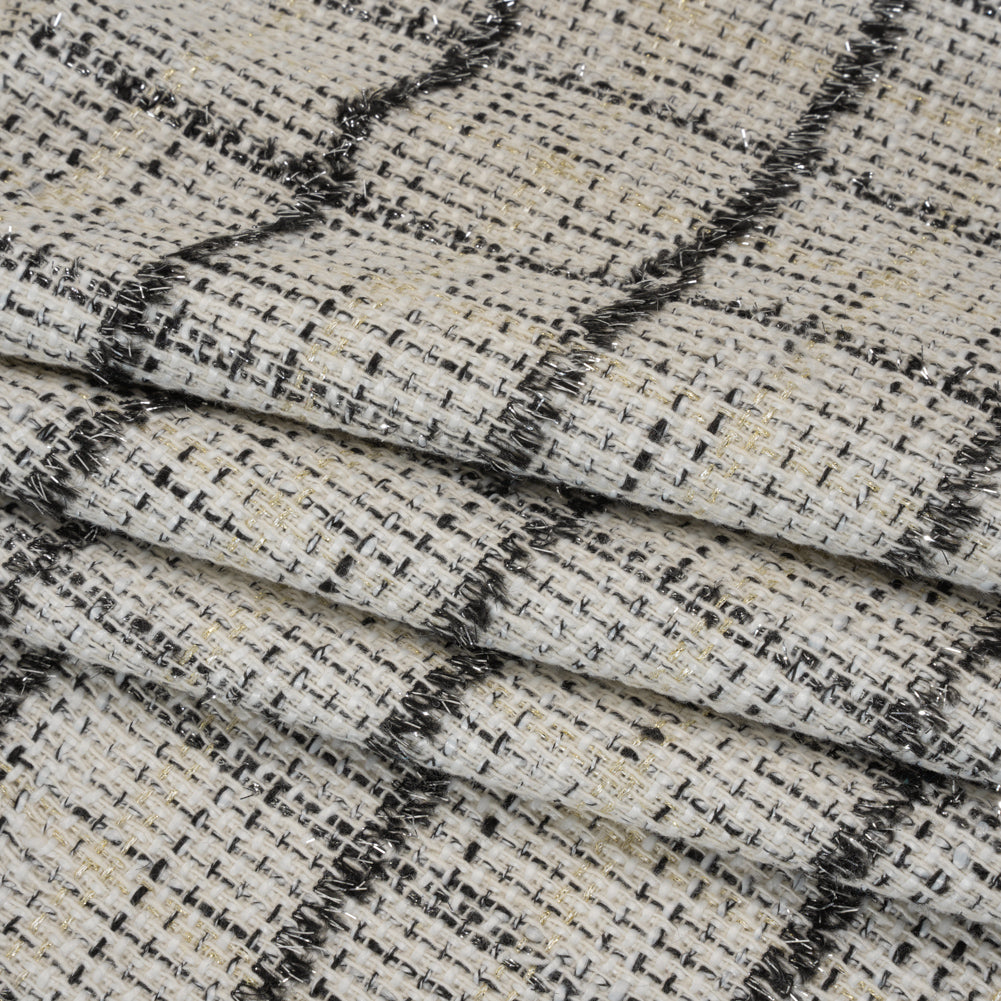 Metallic Polyester Tweed - White, Gold and Black Fringed Windowpane Check - Folded