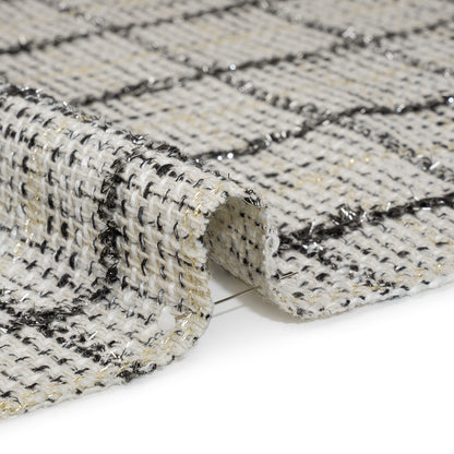 Metallic Polyester Tweed - White, Gold and Black Fringed Windowpane Check