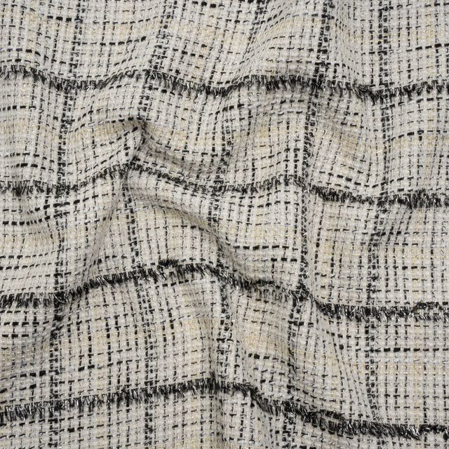 Metallic Polyester Tweed - White, Gold and Black Fringed Windowpane Check