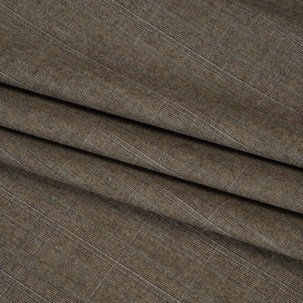 Super 130 Wool Twill Suiting Made in Italy - Beige and Brown Plaid - Deadstock - Folded