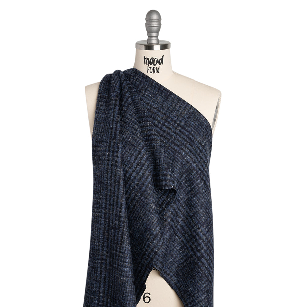 Alpaca and Wool Blend Felted Coating Made in Italy - Blue and Gray Tweedy Plaid - Deadstock - Drape
