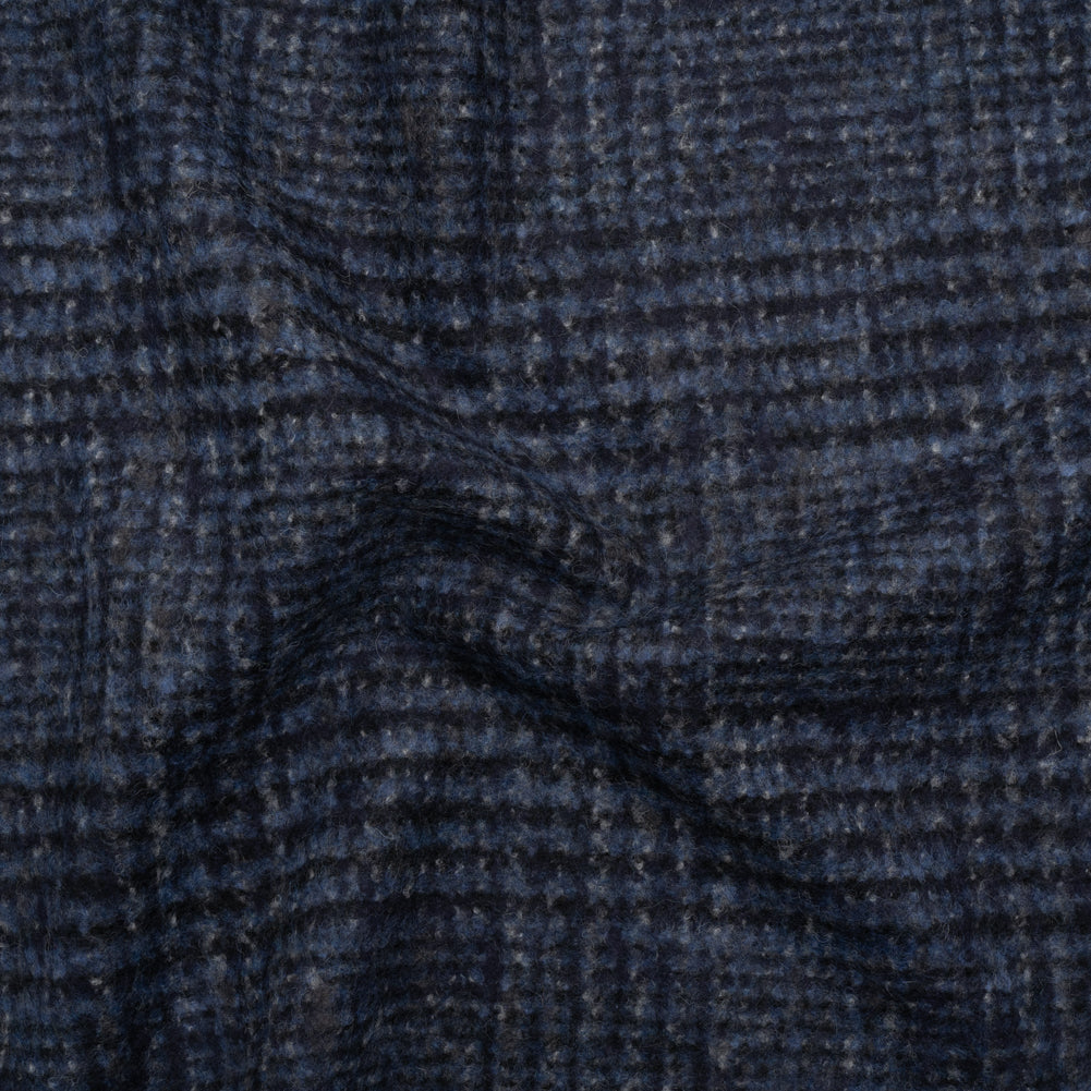 Alpaca and Wool Blend Felted Coating Made in Italy - Blue and Gray Tweedy Plaid - Deadstock