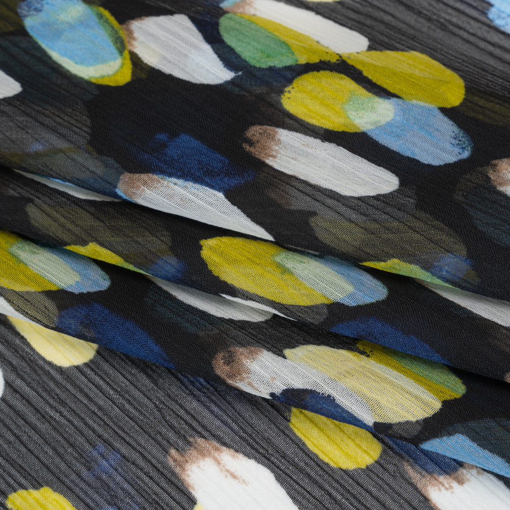 Crinkled Polyester Chiffon Print - Black, Blue and Yellow Abstract Spots - Designer Deadstock - Folded