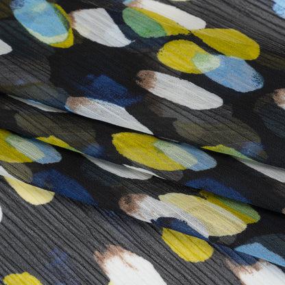 Crinkled Polyester Chiffon Print - Black, Blue and Yellow Abstract Spots - Designer Deadstock