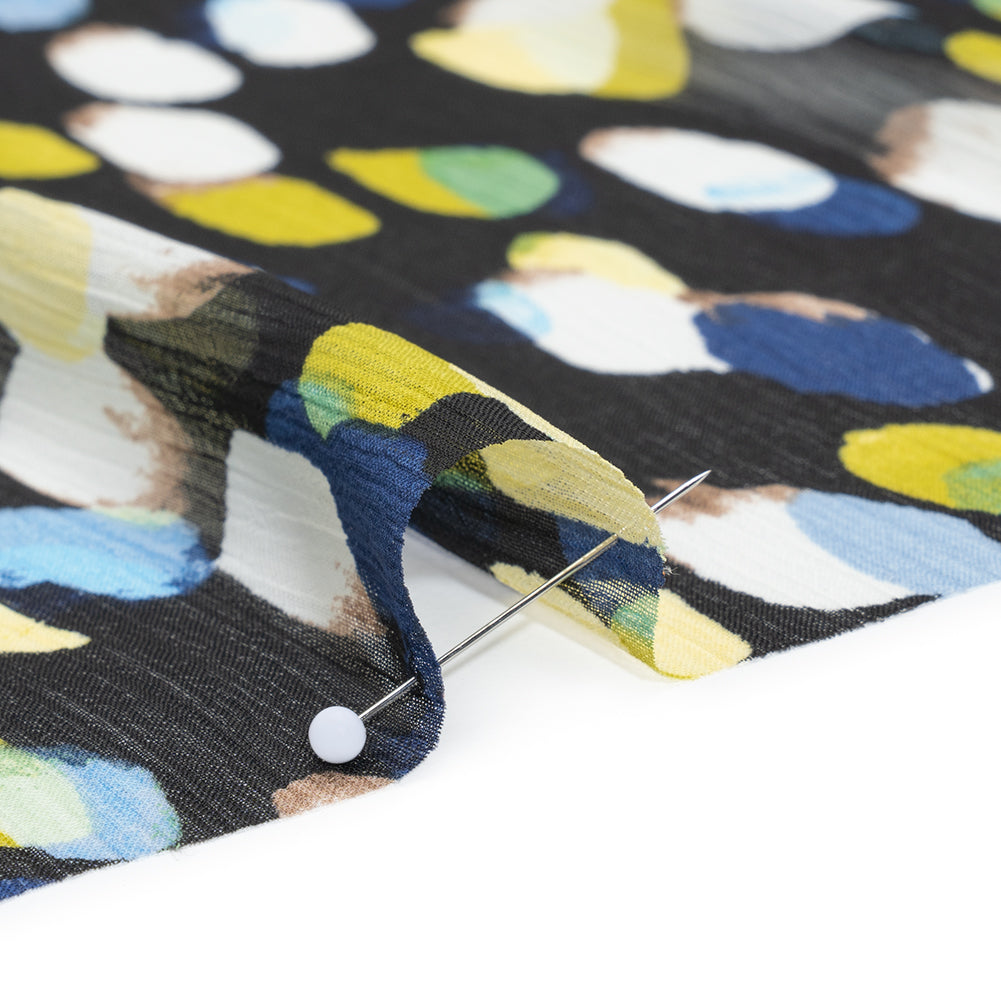 Crinkled Polyester Chiffon Print - Black, Blue and Yellow Abstract Spots - Designer Deadstock - Detail
