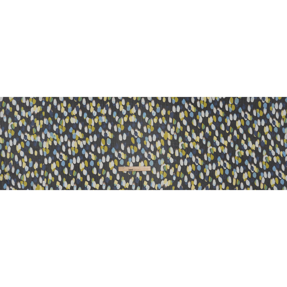 Crinkled Polyester Chiffon Print - Black, Blue and Yellow Abstract Spots - Designer Deadstock - Full