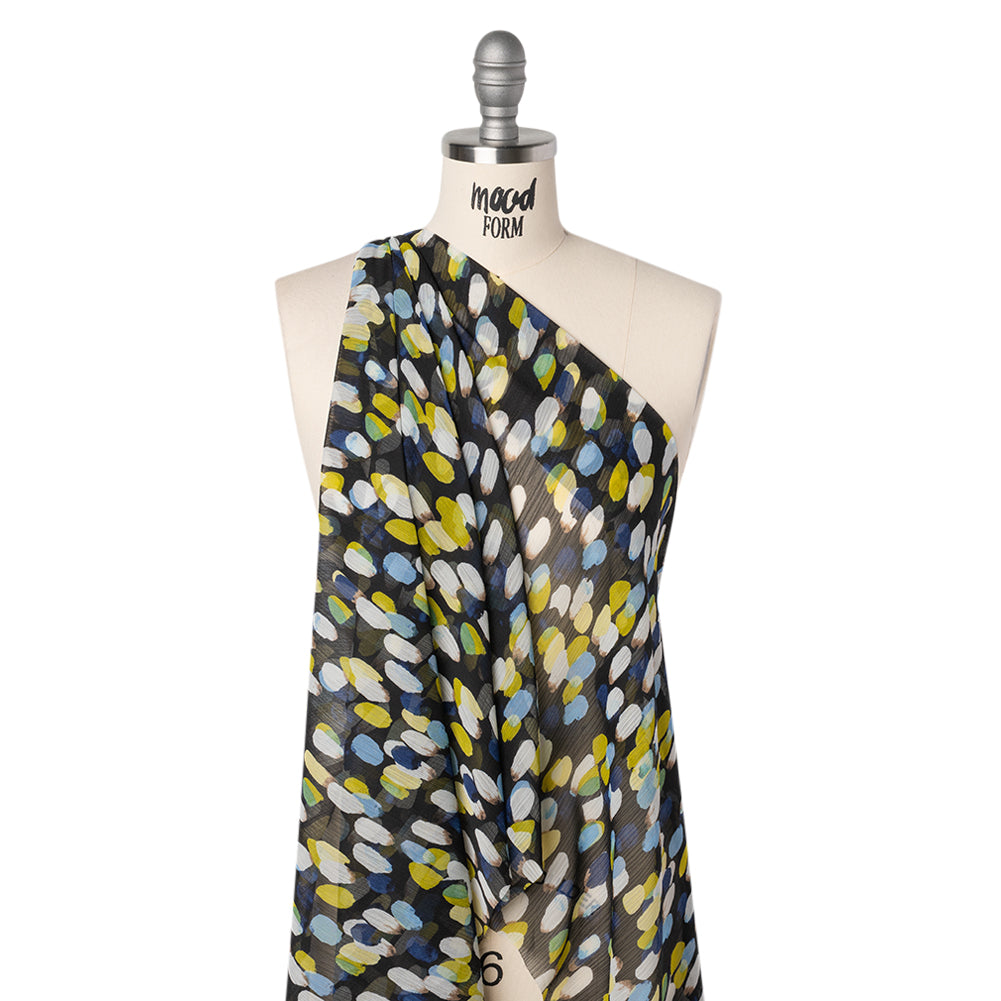 Crinkled Polyester Chiffon Print - Black, Blue and Yellow Abstract Spots - Designer Deadstock - Drape