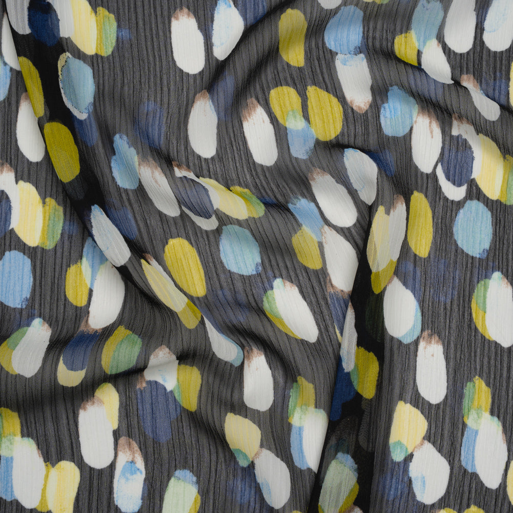 Crinkled Polyester Chiffon Print - Black, Blue and Yellow Abstract Spots - Designer Deadstock